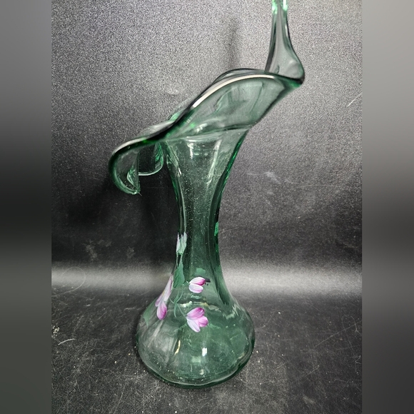 Green Glass Vase with Purple Floral Design - Picture 6 of 6